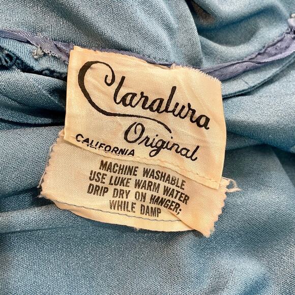 Vintage 80s Women's Retro Claralura Blue Satin Open Back Dress Sz 14 - Picture 8 of 9